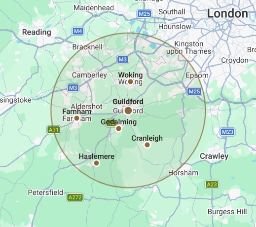 Map of the area we cover around Haslemere, including Hindhead, Grayshott, Chiddingfold, Liphook and Godalming